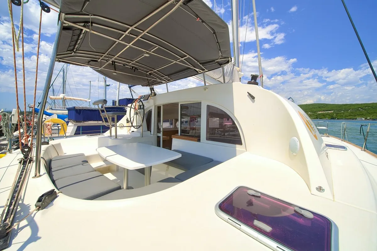 Deck of Xenia, a Lagoon 380 catamaran at Punat, Croatia