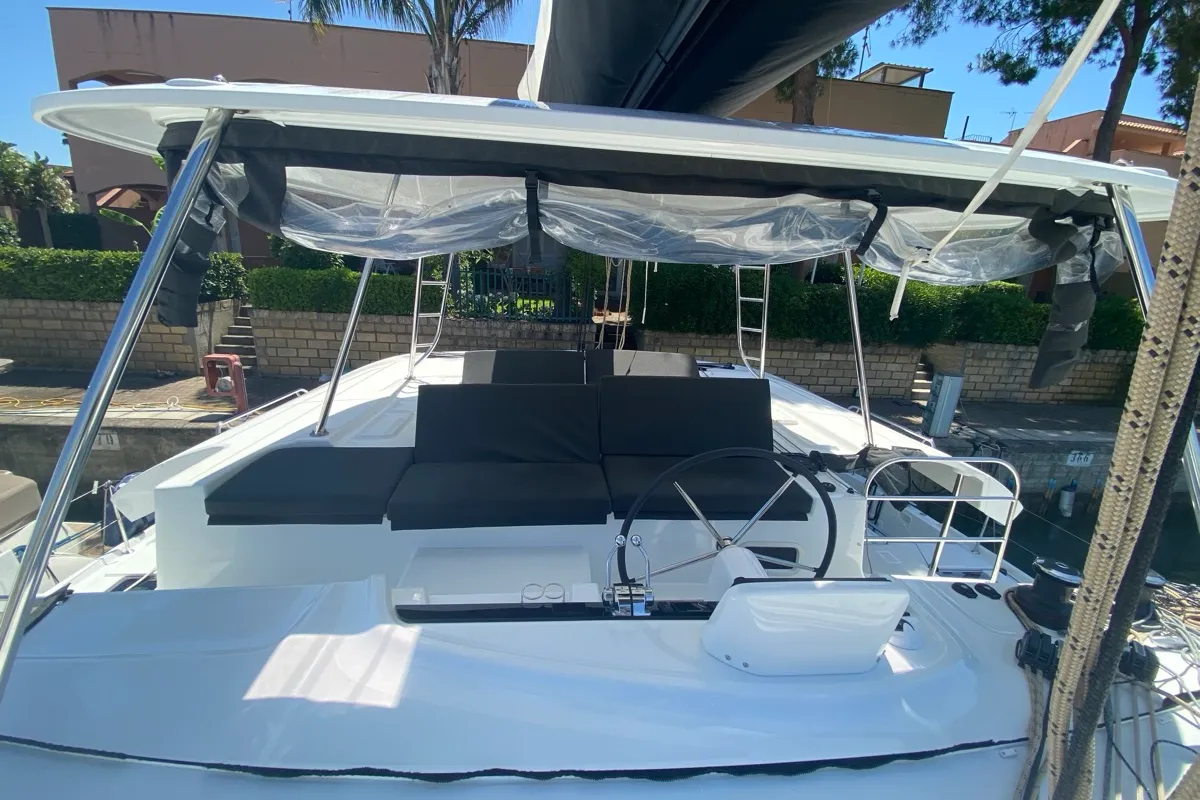 Cockpit of Sestante, a Lagoon 46 catamaran at Tonnarella, Italy