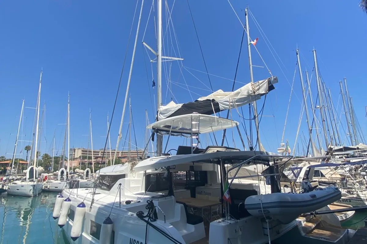 Exterior view of Sestante, a Lagoon 46 catamaran at Tonnarella, Italy