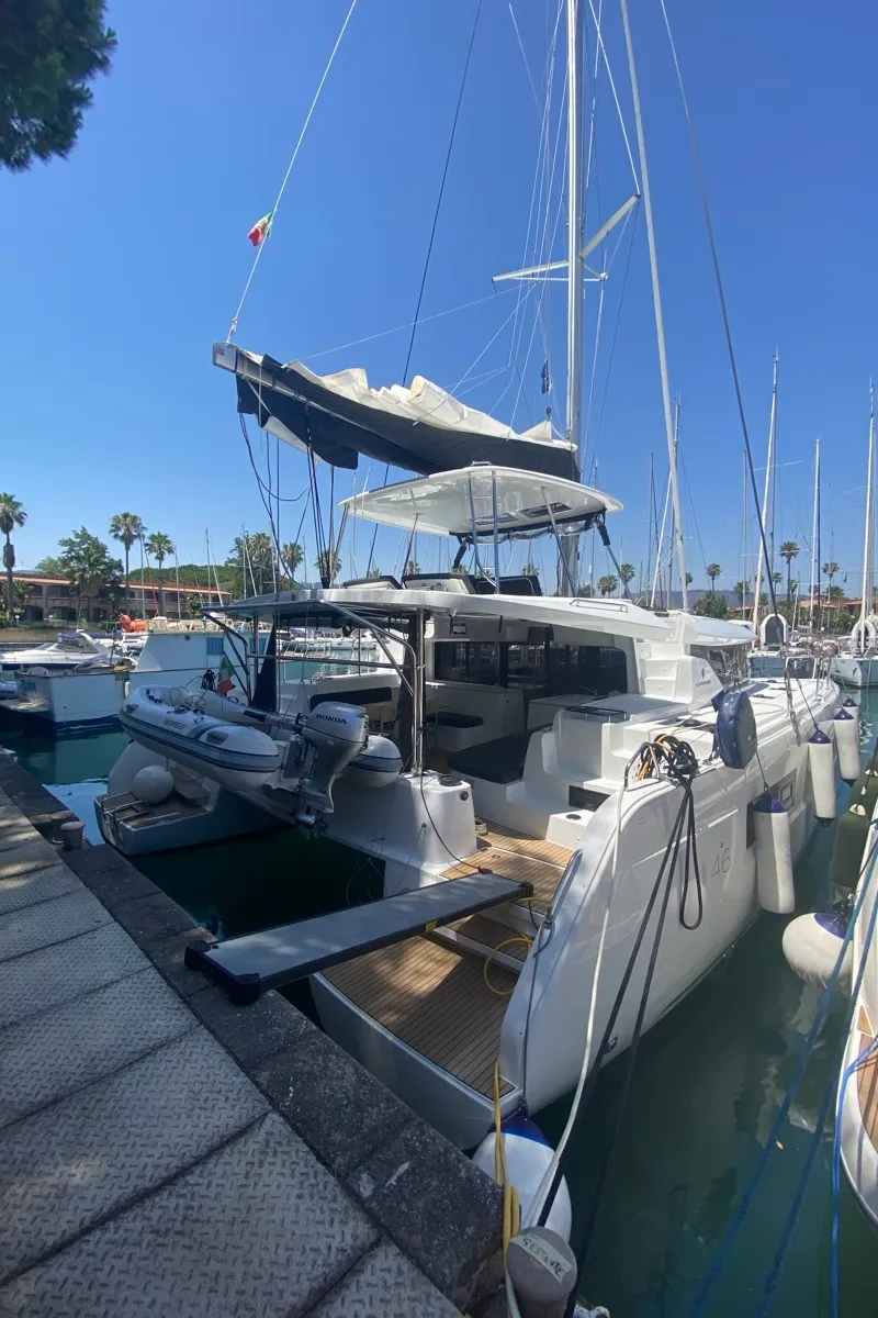 Exterior view of Sestante, a Lagoon 46 catamaran at Tonnarella, Italy