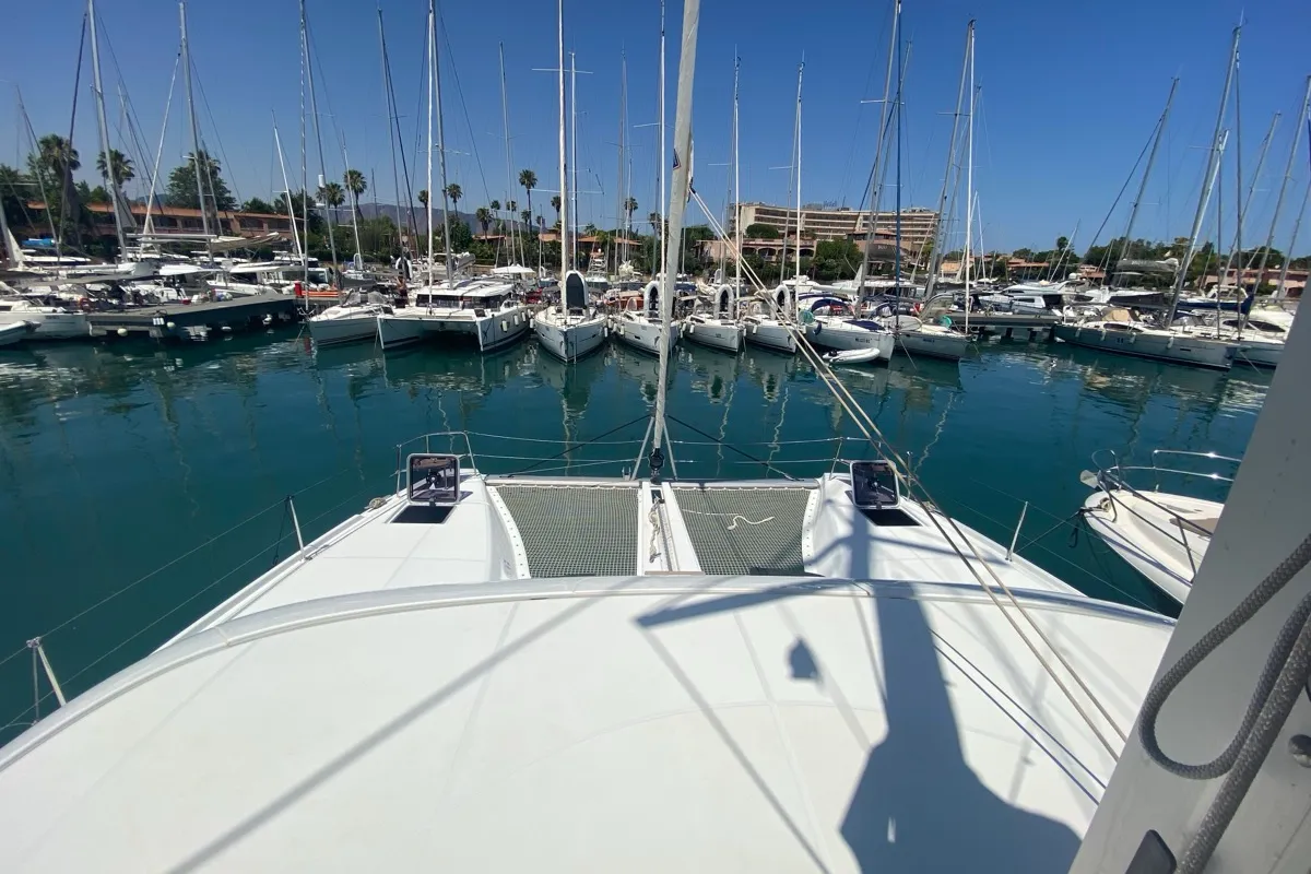 Deck of Sestante, a Lagoon 46 catamaran at Tonnarella, Italy