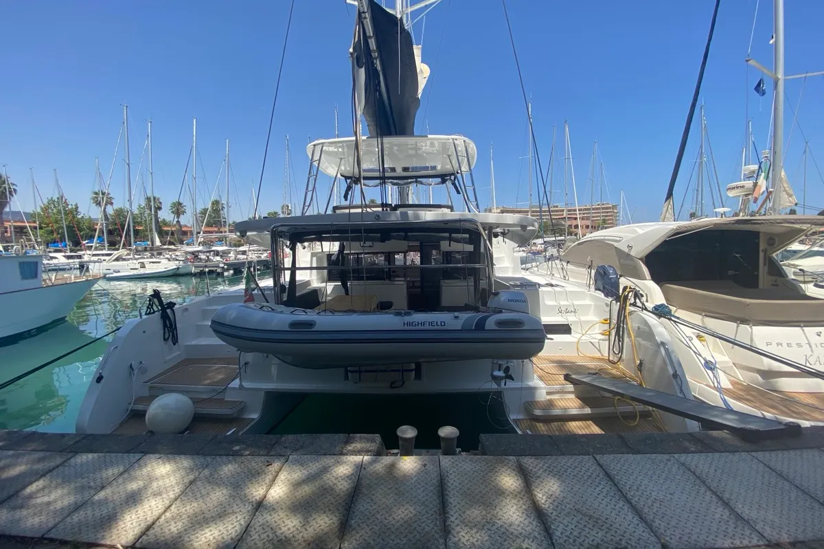 Exterior view of Sestante, a Lagoon 46 catamaran at Tonnarella, Italy