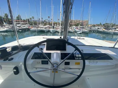 Cockpit of Sestante, a Lagoon 46 catamaran at Tonnarella, Italy