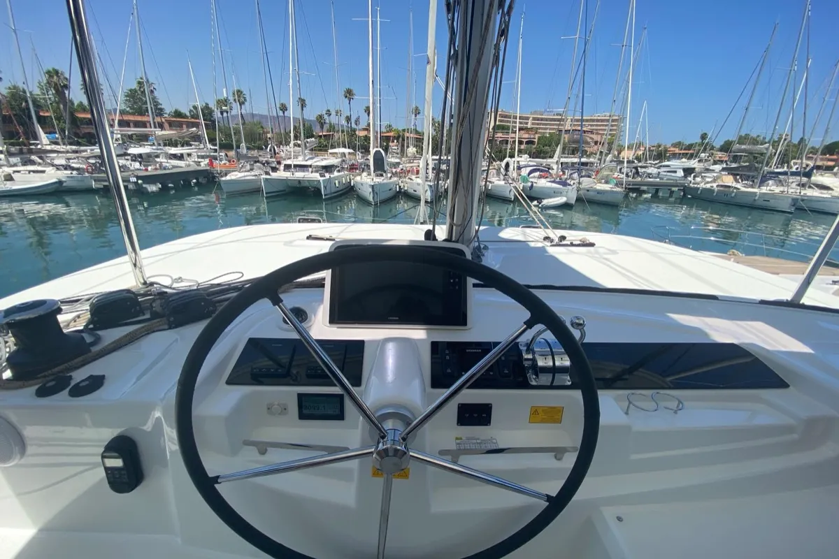 Cockpit of Sestante, a Lagoon 46 catamaran at Tonnarella, Italy