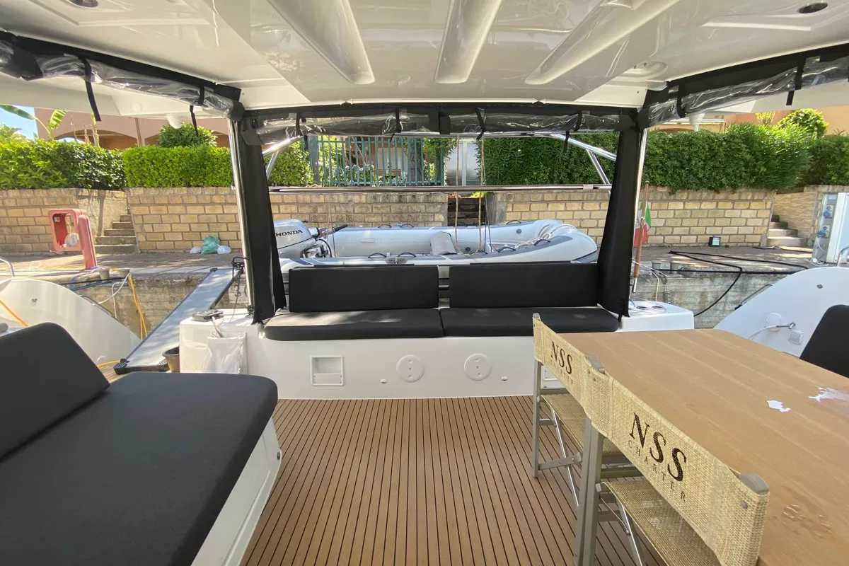 Deck of Sestante, a Lagoon 46 catamaran at Tonnarella, Italy