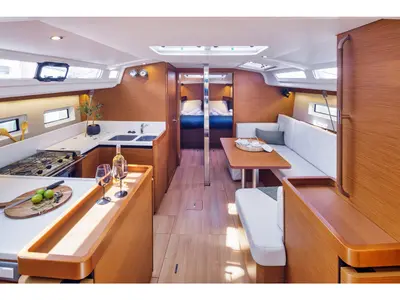 Salon of Crane, a Jeanneau Sun Odyssey 440 sailboat at Benitses, Greece