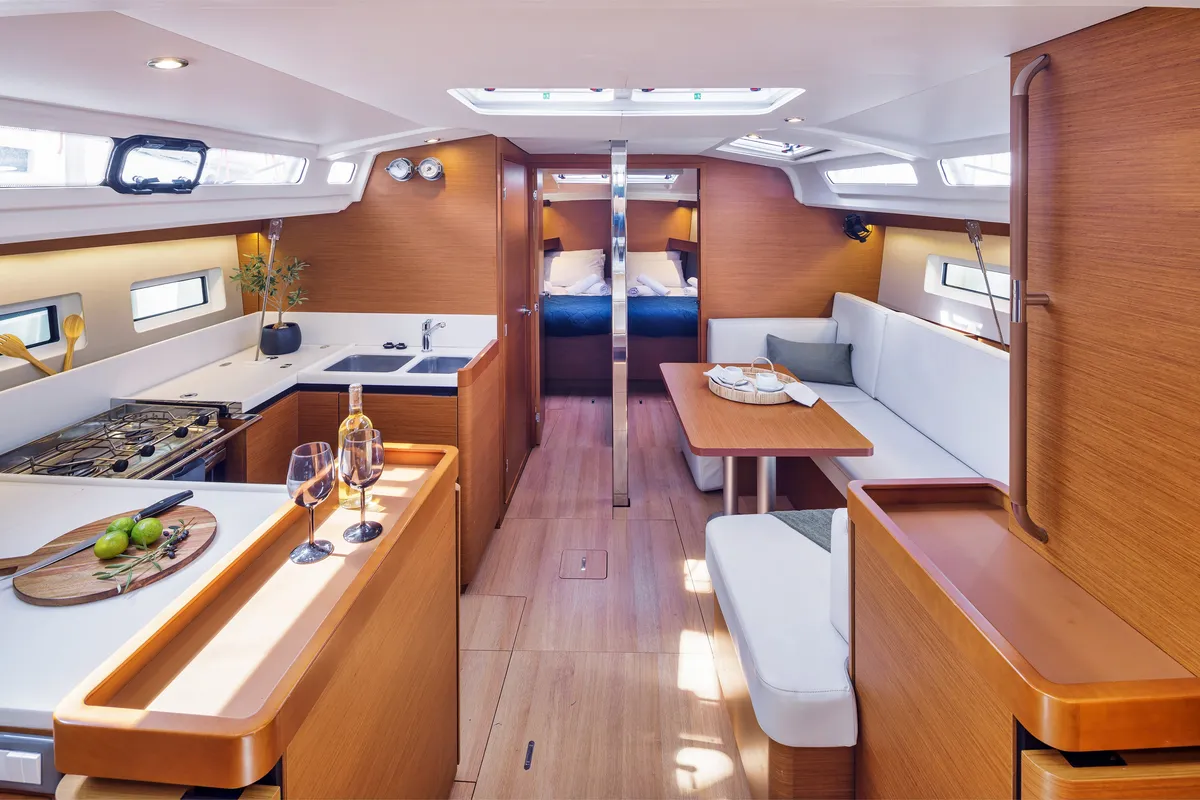 Salon of Crane, a Jeanneau Sun Odyssey 440 sailboat at Benitses, Greece