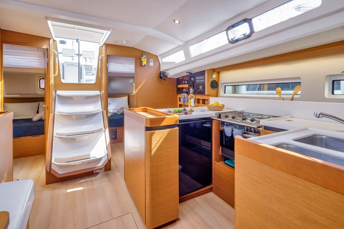 Galley of Crane, a Jeanneau Sun Odyssey 440 sailboat at Benitses, Greece