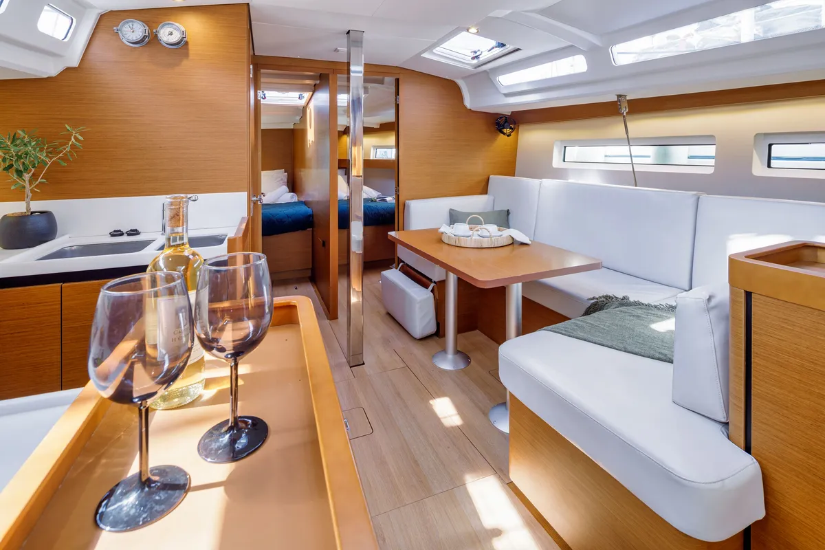 Salon of Crane, a Jeanneau Sun Odyssey 440 sailboat at Benitses, Greece