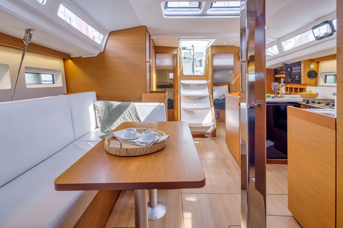 Salon of Crane, a Jeanneau Sun Odyssey 440 sailboat at Benitses, Greece