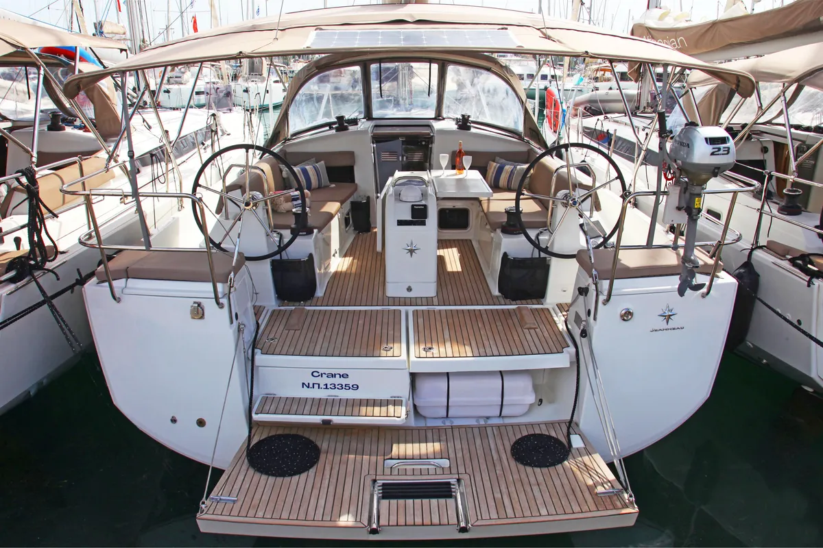Cockpit of Crane, a Jeanneau Sun Odyssey 440 sailboat at Benitses, Greece