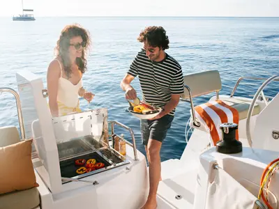 Deck of Comfort, a Bali 4.0 catamaran at Sant Antoni de Portmany, Spain