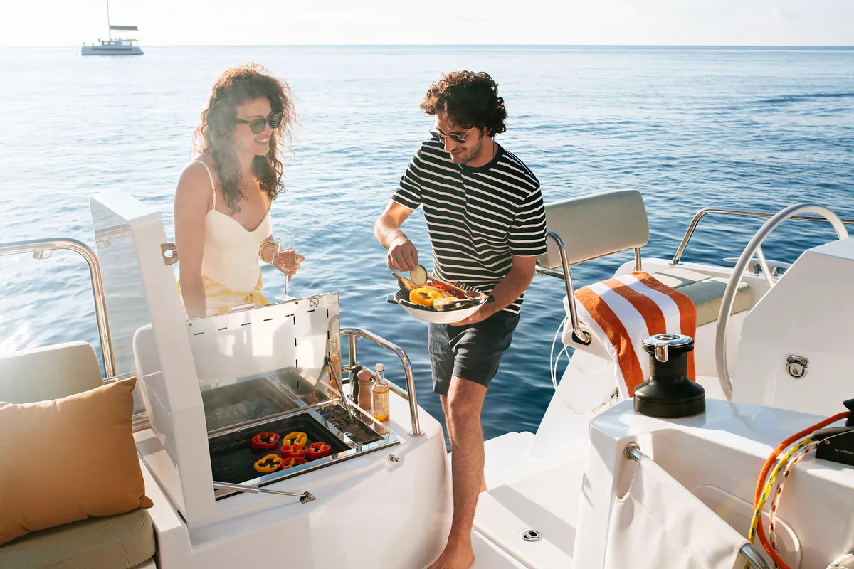 Deck of Comfort, a Bali 4.0 catamaran at Sant Antoni de Portmany, Spain