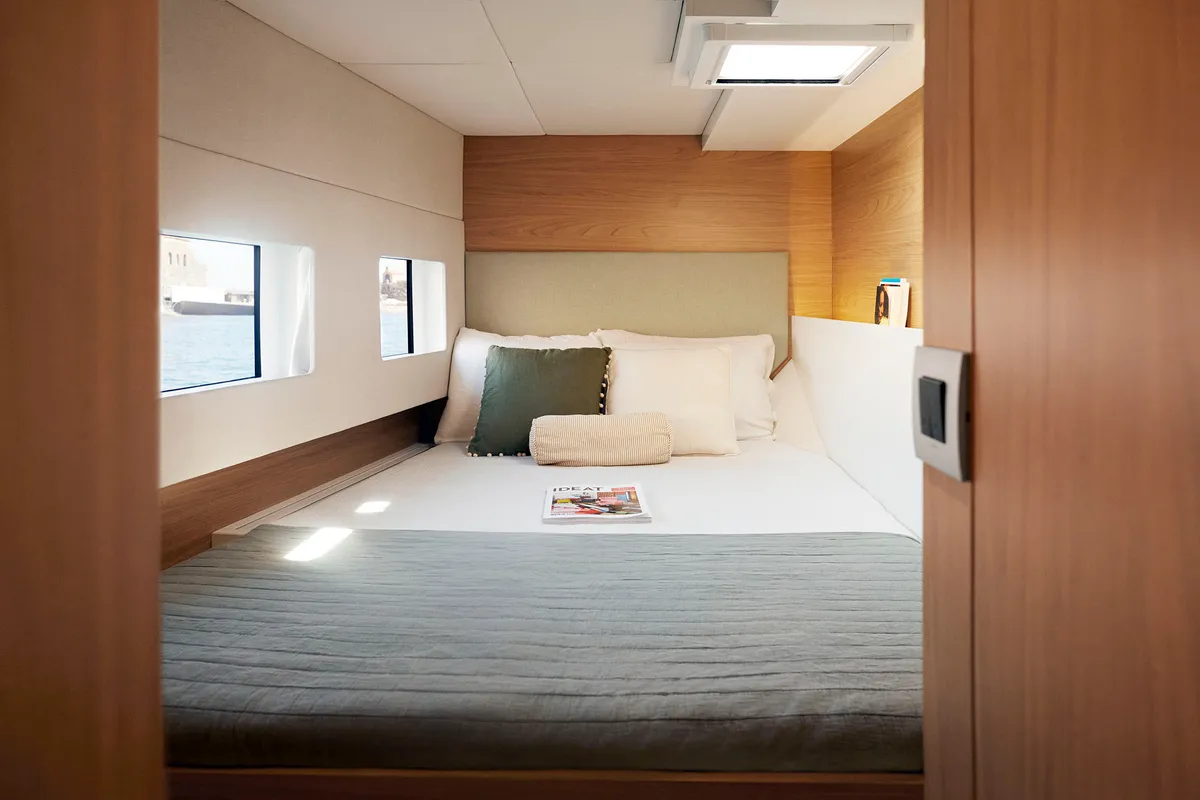 Cabin on Comfort, a Bali 4.0 catamaran at Sant Antoni de Portmany, Spain