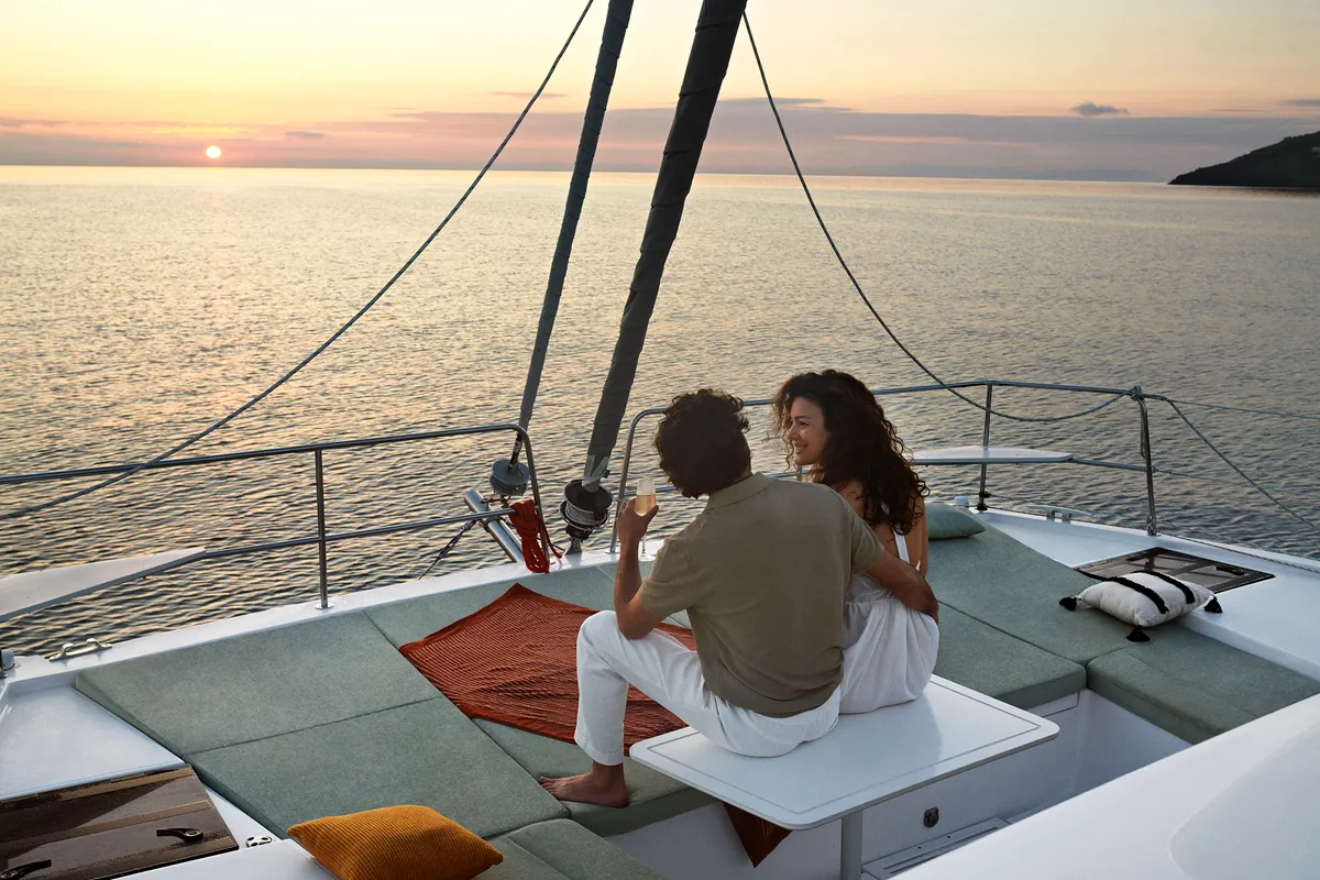 Deck of Comfort, a Bali 4.0 catamaran at Sant Antoni de Portmany, Spain