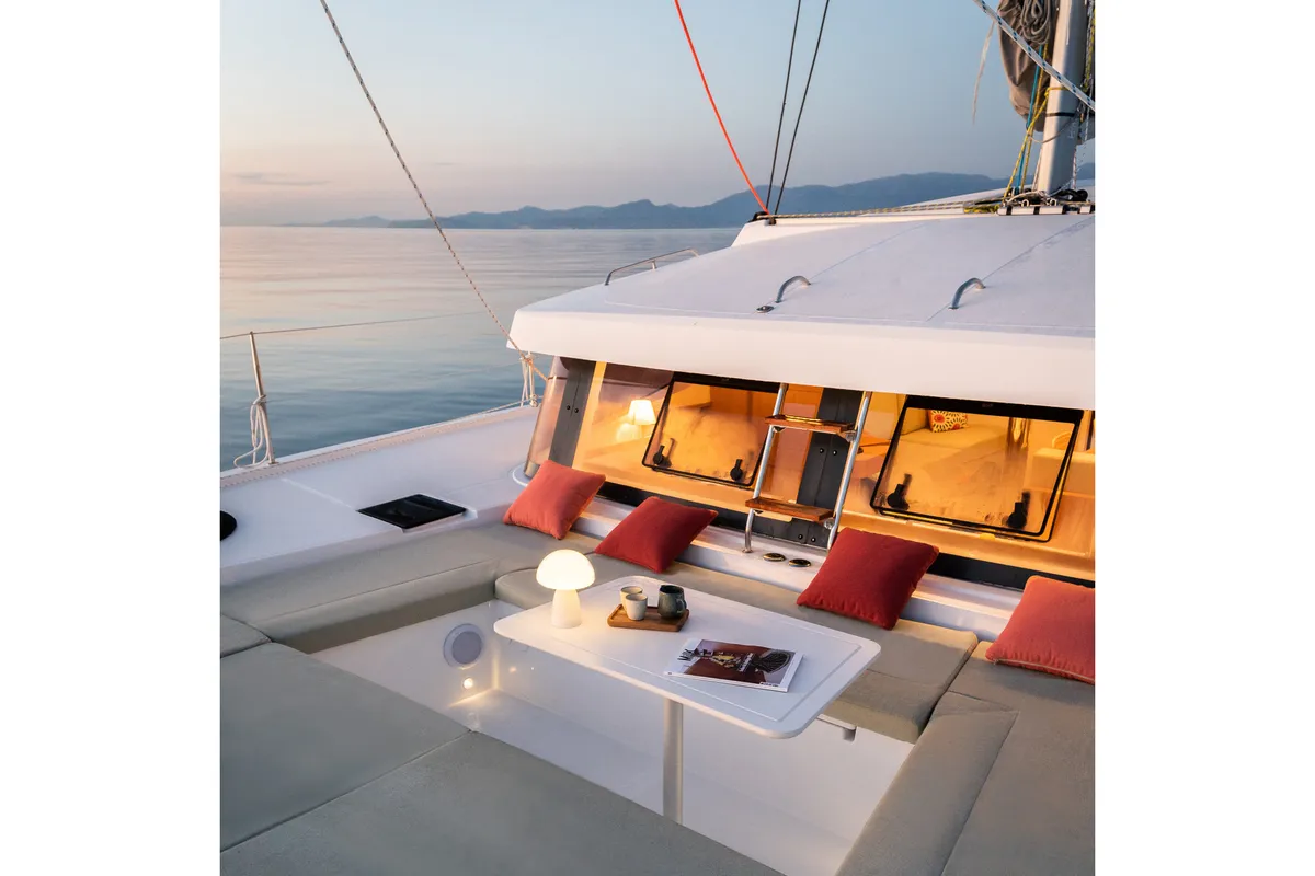 Deck of Comfort, a Bali 4.0 catamaran at Sant Antoni de Portmany, Spain