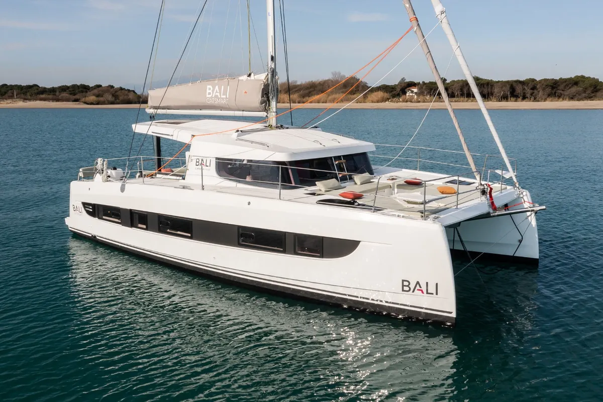 Exterior view of Comfort, a Bali 4.0 catamaran at Sant Antoni de Portmany, Spain