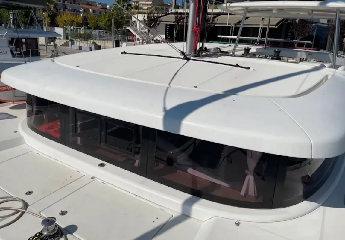 Deck of Lagoon 42, a catamaran at Lavreotiki, Greece