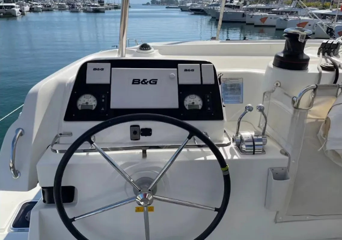 Cockpit of Lagoon 42, a catamaran at Lavreotiki, Greece