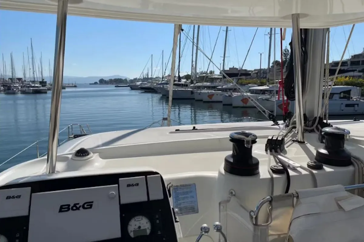 Deck of Lagoon 42, a catamaran at Lavreotiki, Greece