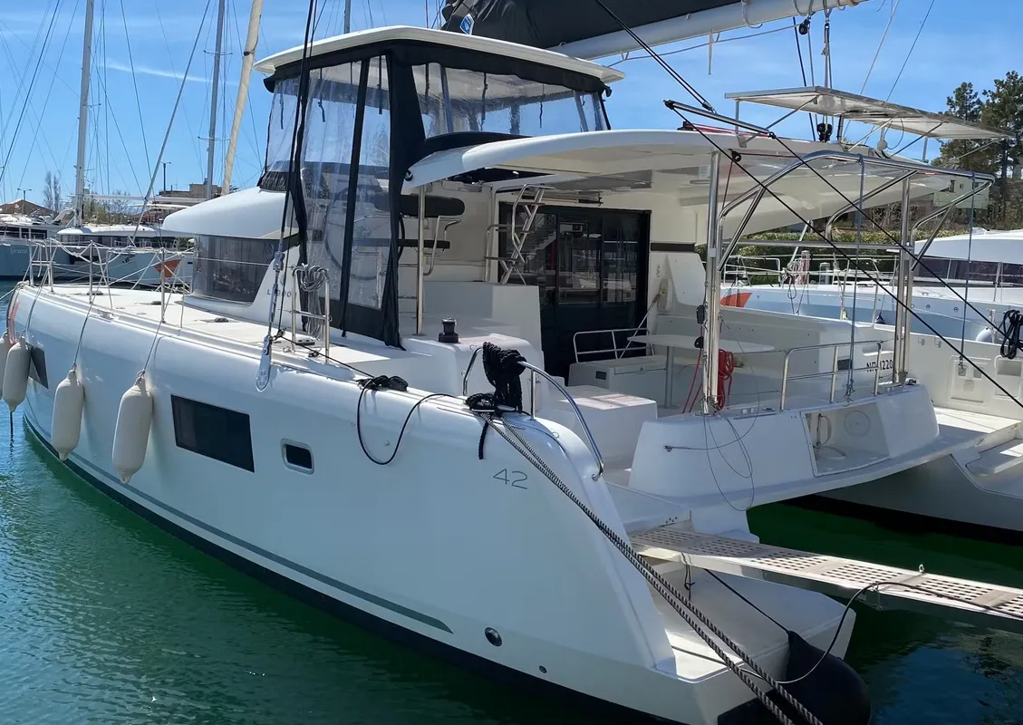 Exterior view of Lagoon 42, a catamaran at Lavreotiki, Greece