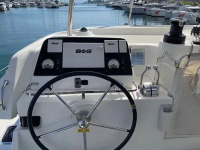 Cockpit of Lagoon 42, a catamaran at Lavreotiki, Greece