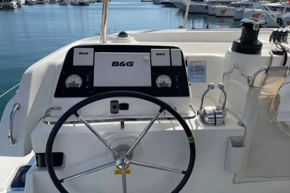 Cockpit of Lagoon 42, a catamaran at Lavreotiki, Greece