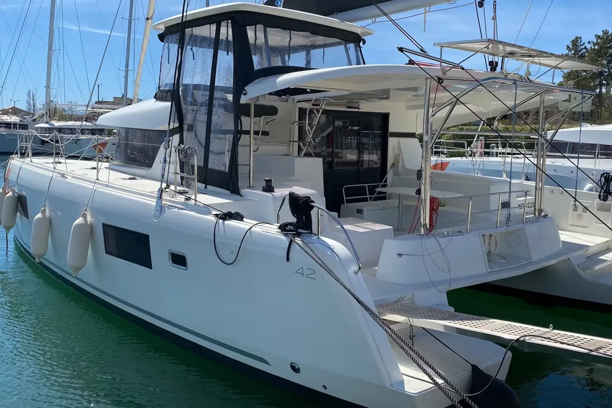 Exterior view of Lagoon 42, a catamaran at Lavreotiki, Greece