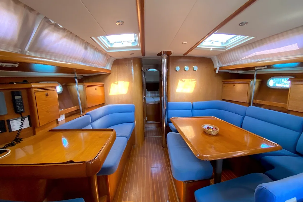 Salon of Saida, a Jeanneau Sun Odyssey 43 sailboat at Fethiye, Turkey