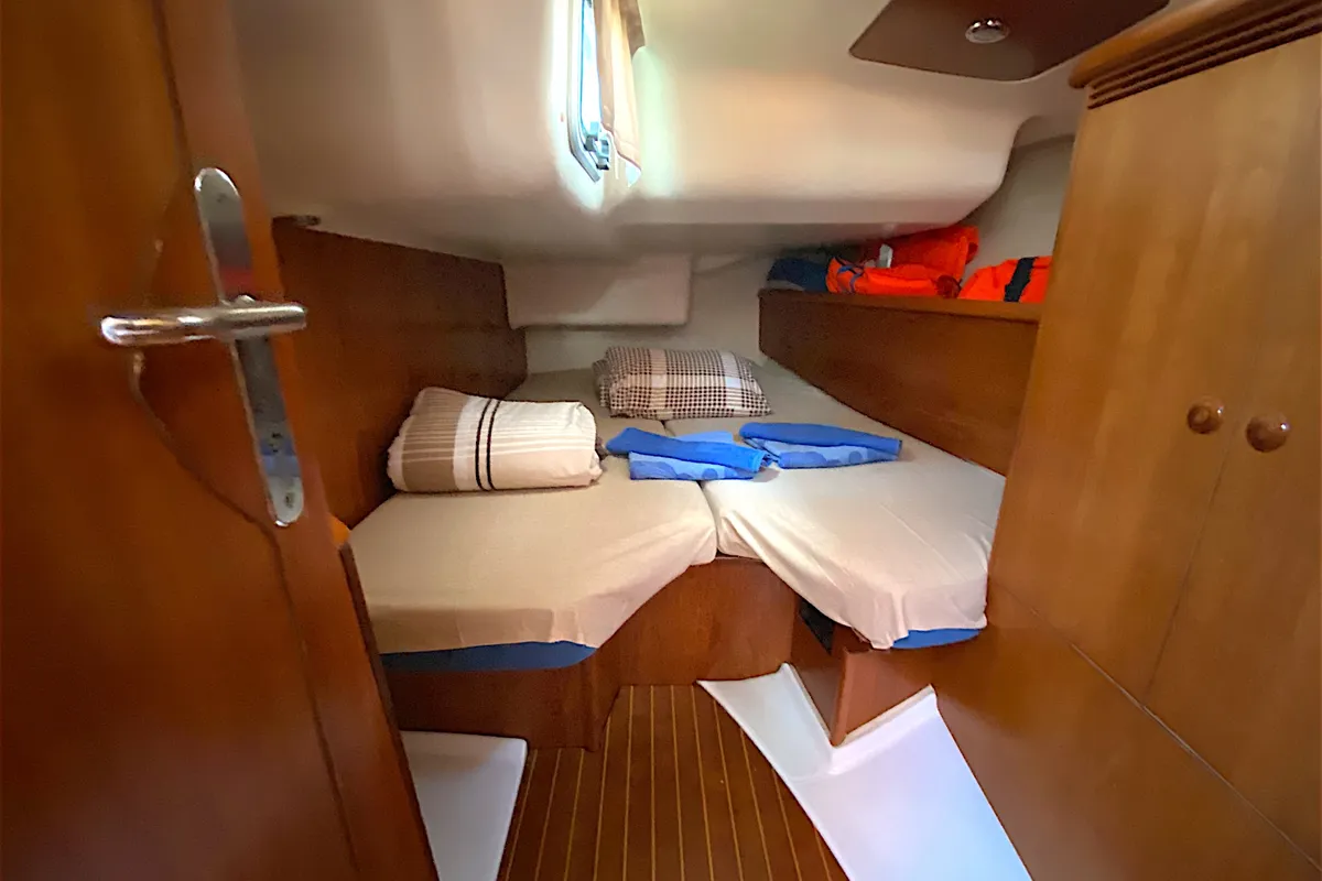 Cabin on Saida, a Jeanneau Sun Odyssey 43 sailboat at Fethiye, Turkey