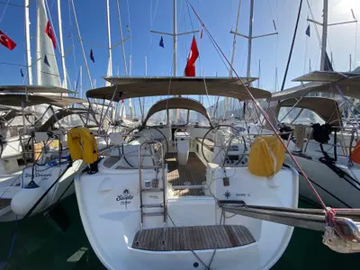 Deck of Saida, a Jeanneau Sun Odyssey 43 sailboat at Fethiye, Turkey