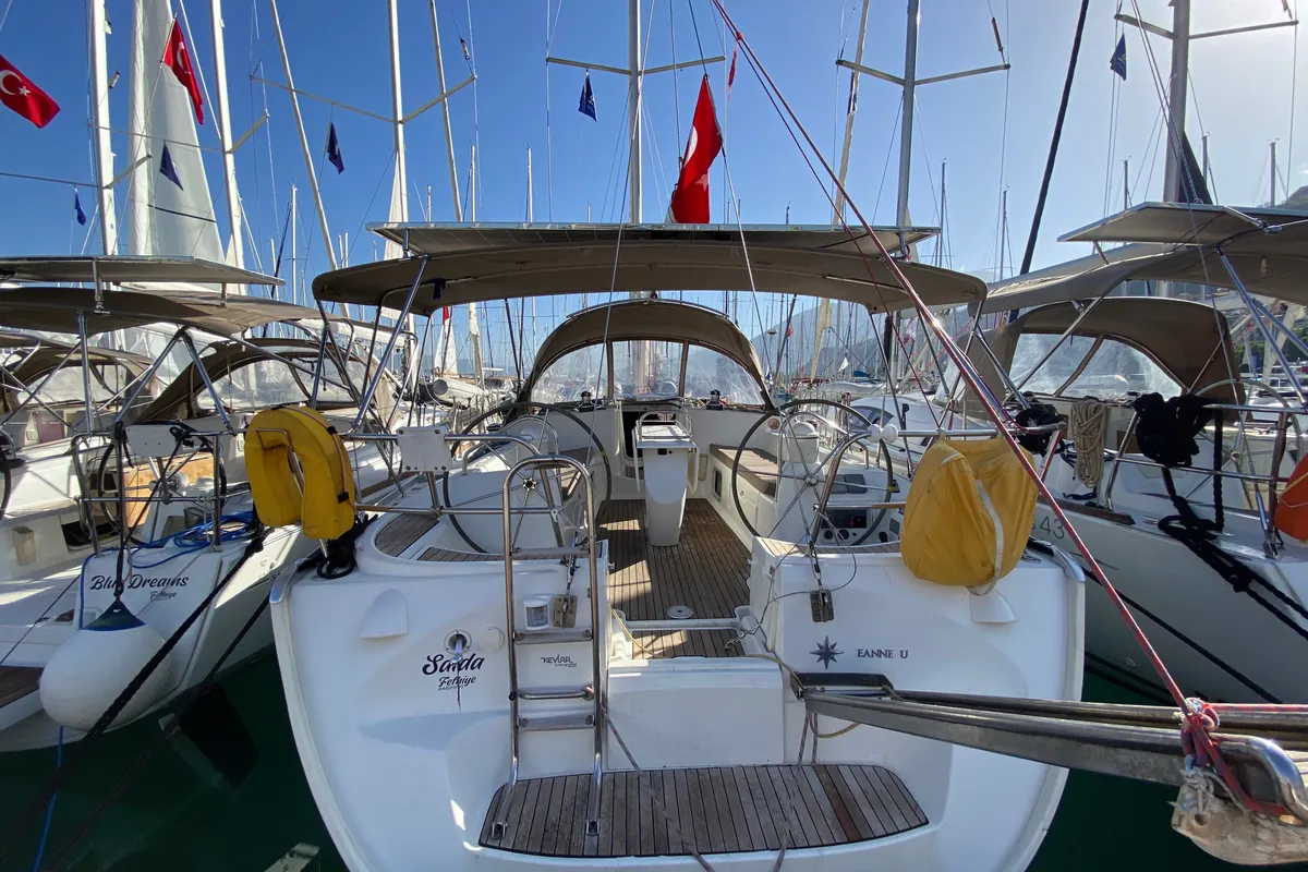 Deck of Saida, a Jeanneau Sun Odyssey 43 sailboat at Fethiye, Turkey