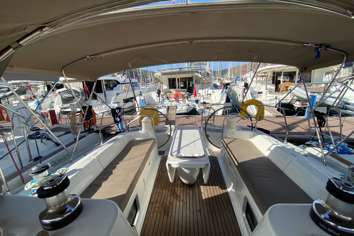 Deck of Saida, a Jeanneau Sun Odyssey 43 sailboat at Fethiye, Turkey
