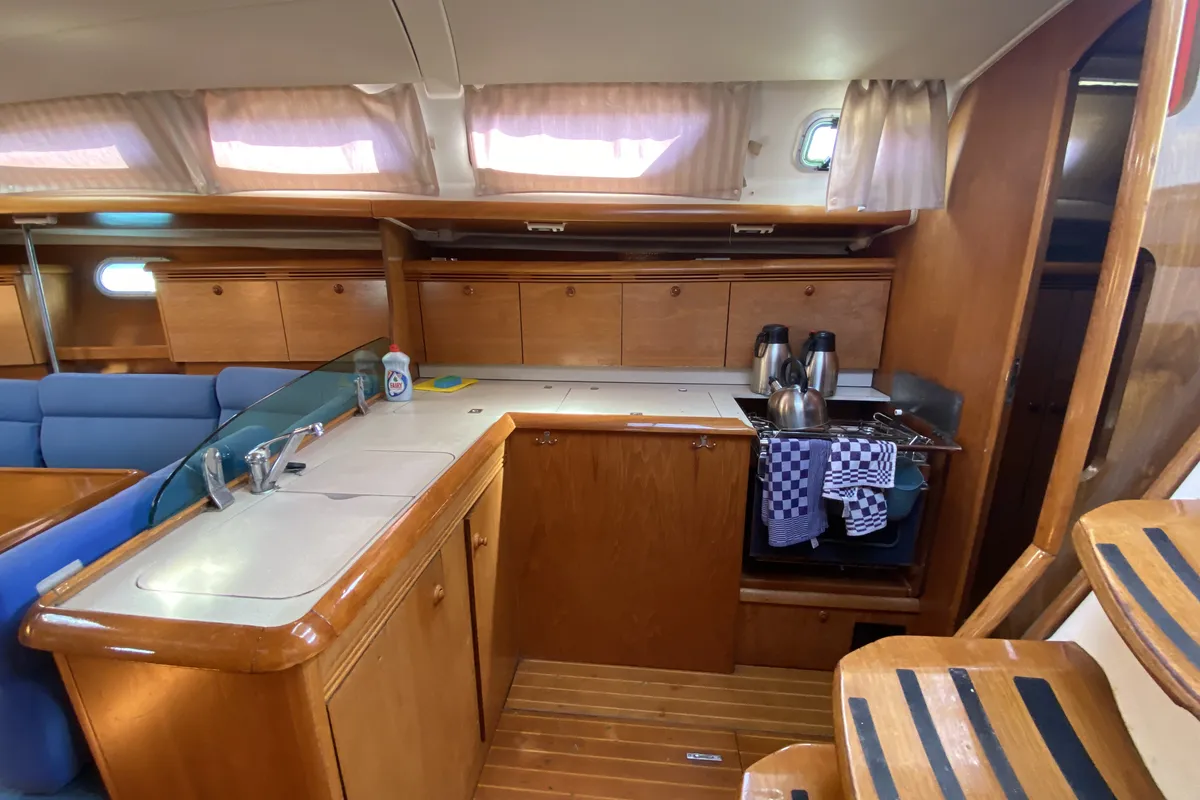 Galley of Saida, a Jeanneau Sun Odyssey 43 sailboat at Fethiye, Turkey