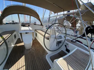 Cockpit of Saida, a Jeanneau Sun Odyssey 43 sailboat at Fethiye, Turkey