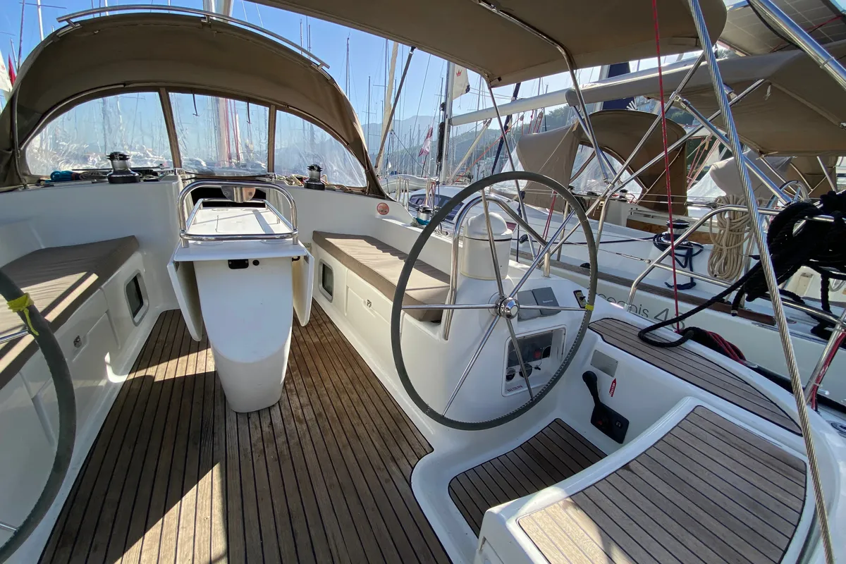 Cockpit of Saida, a Jeanneau Sun Odyssey 43 sailboat at Fethiye, Turkey
