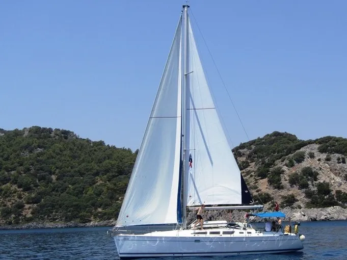 Exterior view of Saida, a Jeanneau Sun Odyssey 43 sailboat at Fethiye, Turkey