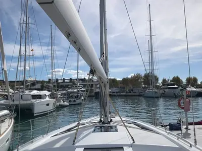 Deck of Le Grand, a Beneteau Oceanis 51.1 sailboat at es Jonquet, Spain