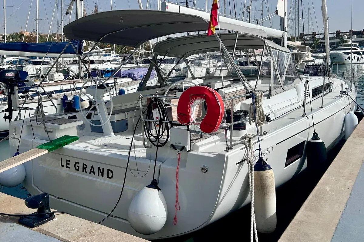 Exterior view of Le Grand, a Beneteau Oceanis 51.1 sailboat at es Jonquet, Spain