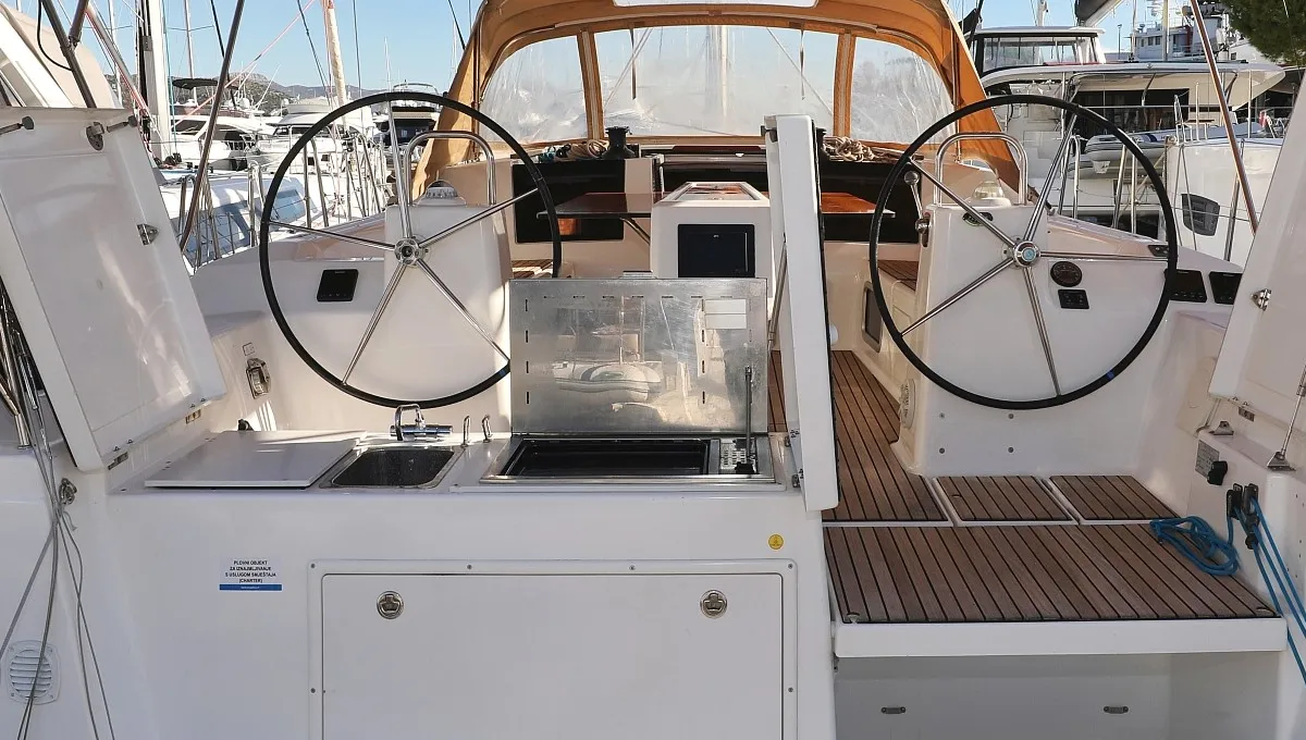 Cockpit of Carina, a Dufour 460 GL sailboat at Grad Trogir, Croatia