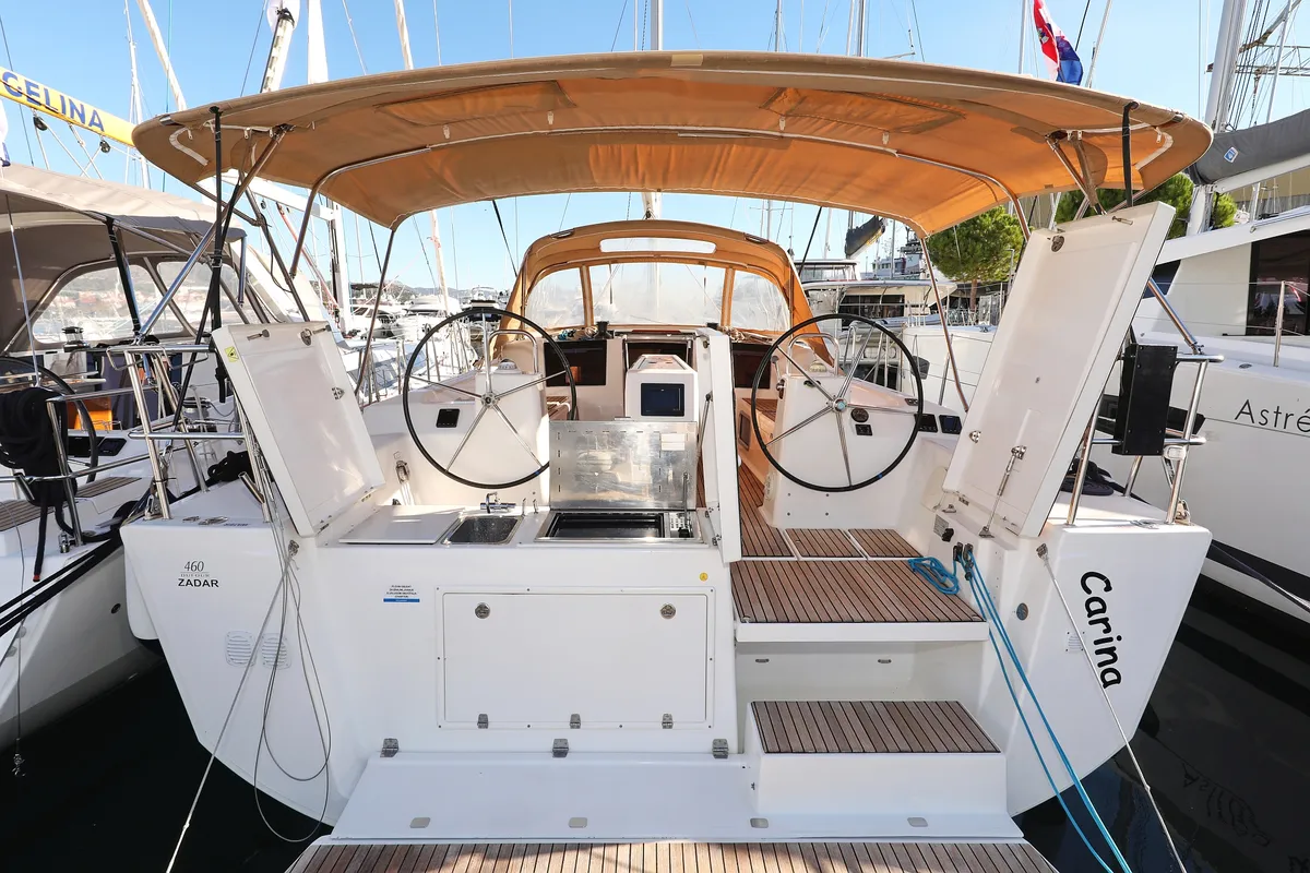 Exterior view of Carina, a Dufour 460 GL sailboat at Grad Trogir, Croatia