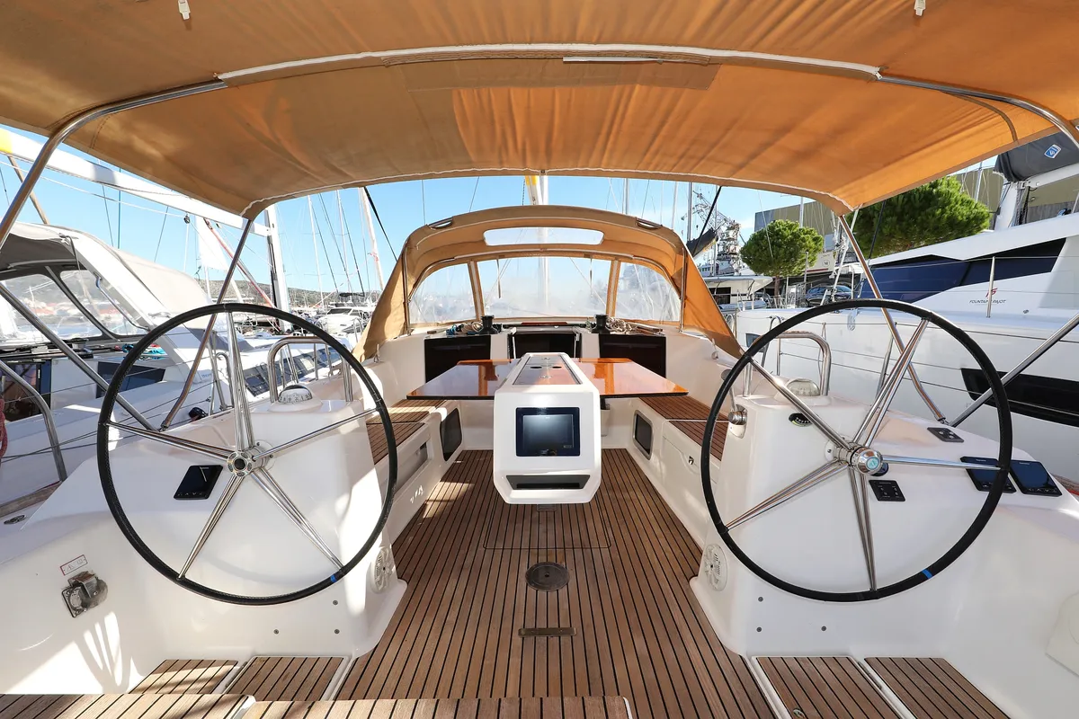Cockpit of Carina, a Dufour 460 GL sailboat at Grad Trogir, Croatia