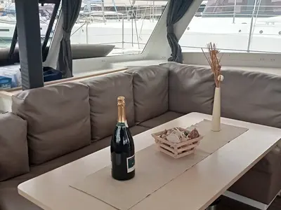 Salon of Shanti, a Fountaine Pajot Lucia 40 catamaran at Seget Donji, Croatia