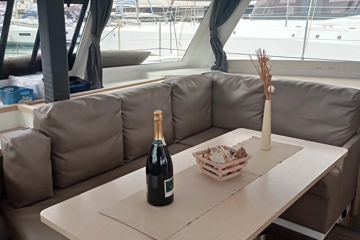 Salon of Shanti, a Fountaine Pajot Lucia 40 catamaran at Seget Donji, Croatia