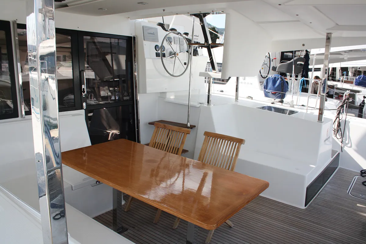 Deck of Shanti, a Fountaine Pajot Lucia 40 catamaran at Seget Donji, Croatia