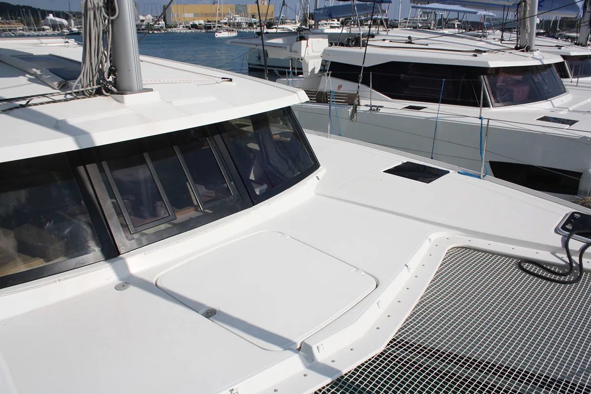 Deck of Shanti, a Fountaine Pajot Lucia 40 catamaran at Seget Donji, Croatia