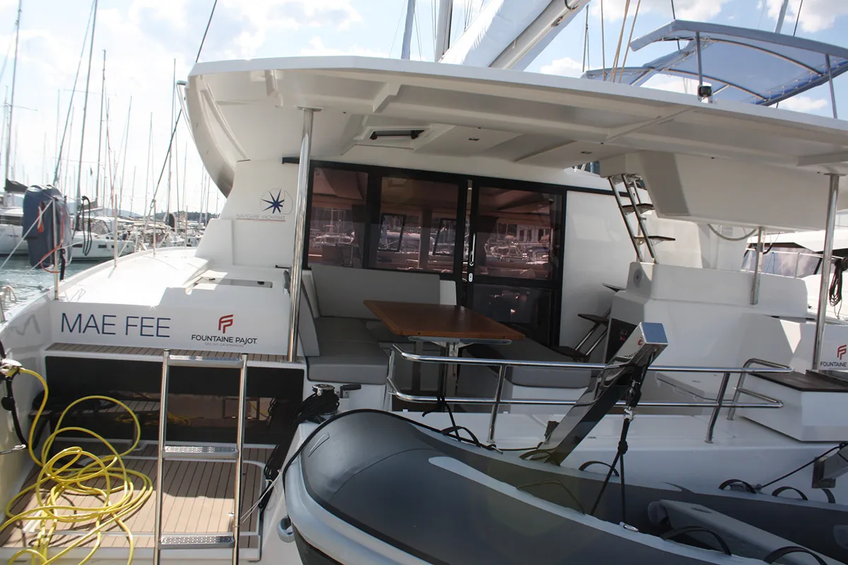 Exterior view of Shanti, a Fountaine Pajot Lucia 40 catamaran at Seget Donji, Croatia