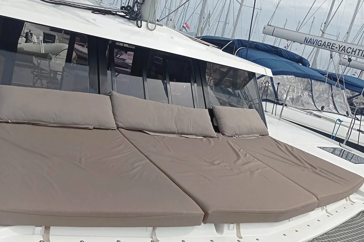 Deck of Shanti, a Fountaine Pajot Lucia 40 catamaran at Seget Donji, Croatia