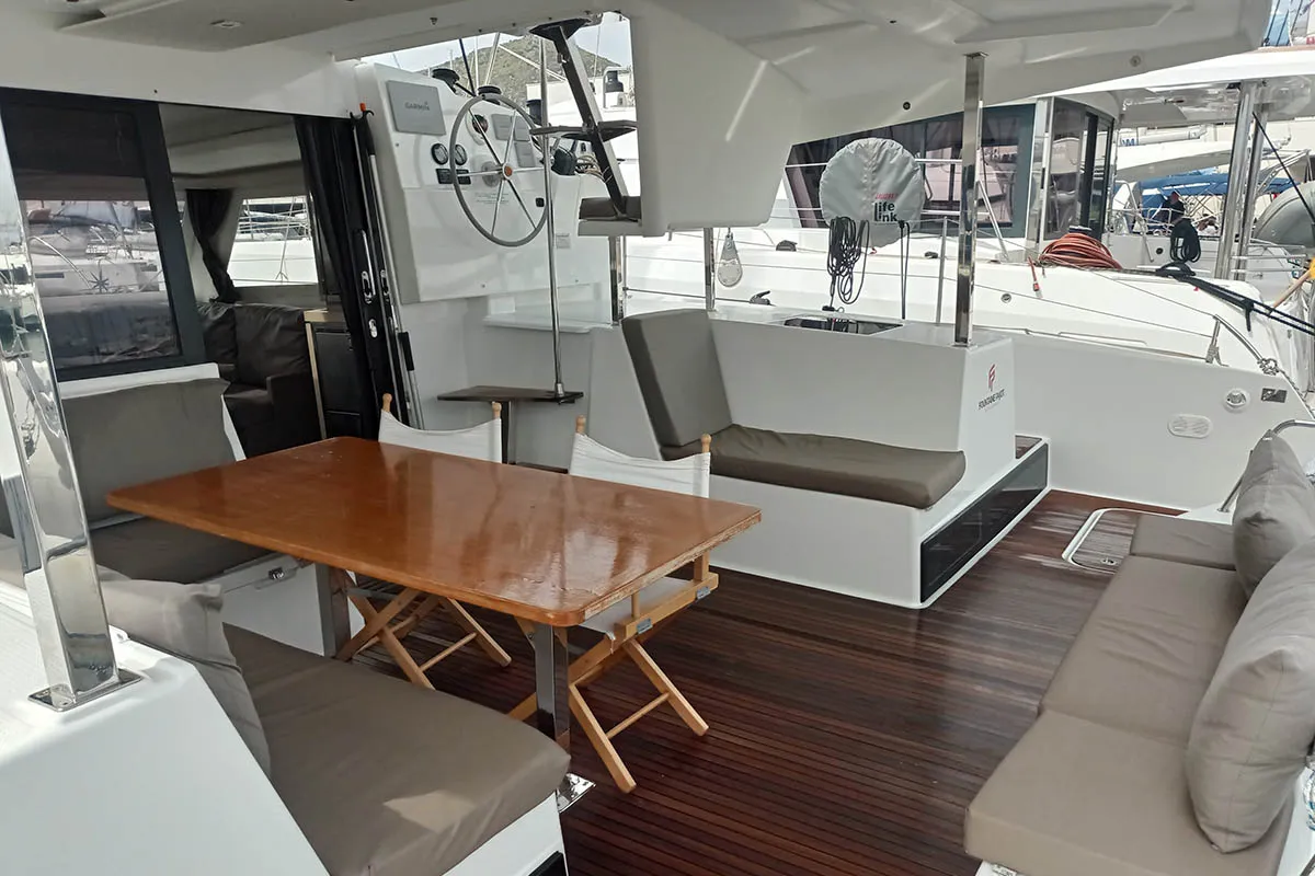 Deck of Shanti, a Fountaine Pajot Lucia 40 catamaran at Seget Donji, Croatia