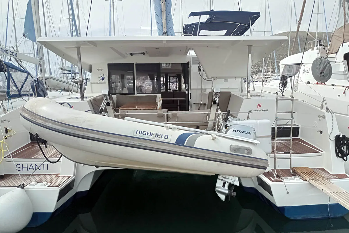 Exterior view of Shanti, a Fountaine Pajot Lucia 40 catamaran at Seget Donji, Croatia